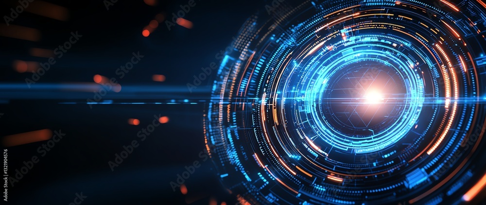 Poster a stunning visual of a futuristic digital interface with glowing circular patterns and dynamic light