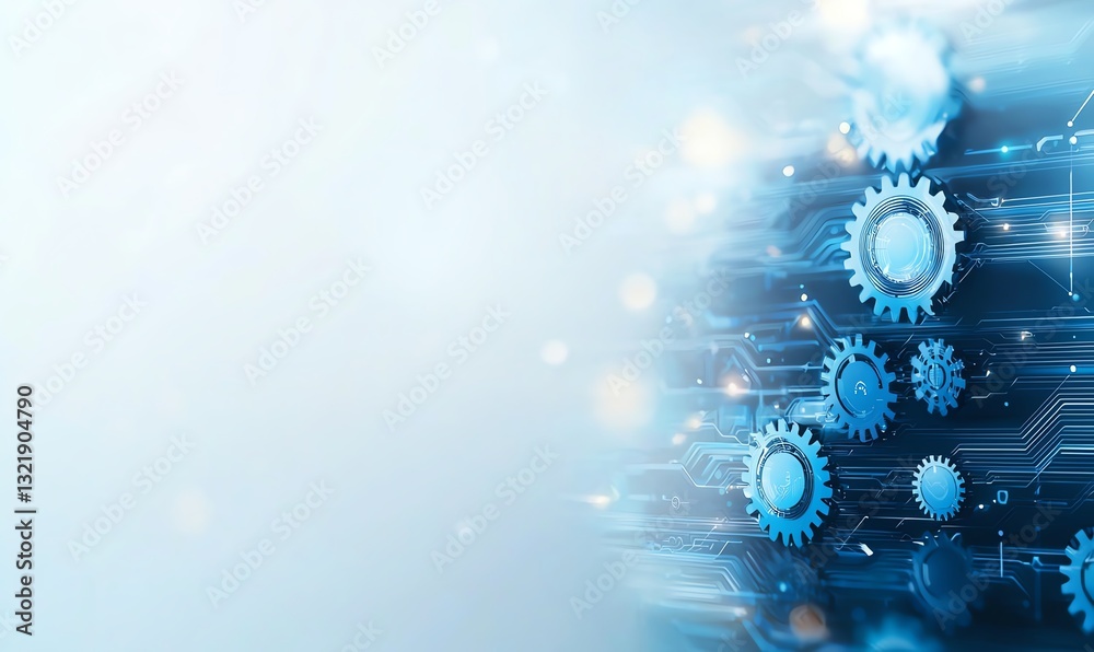 Poster futuristic blue background featuring gears and circuit patterns, symbolizing innovation and digital 