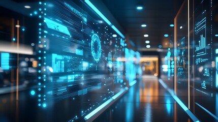 Futuristic Digital Hallway with Glowing Blue Data Displays