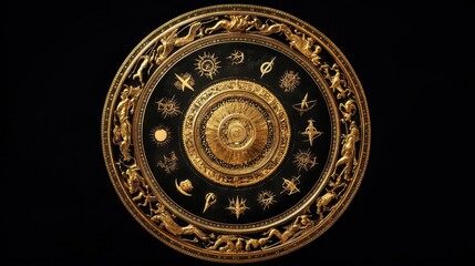 Naklejka premium A circular golden decorative art object against black background