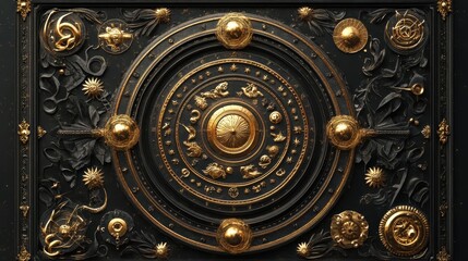 Naklejka premium A detailed ornamental panel featuring a golden and black intricate design