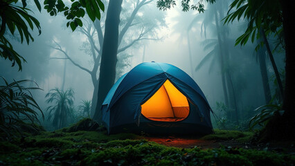 Small, blue, dome-shaped tent in a dense, tropical rainforest