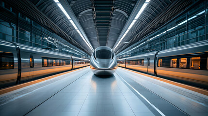 Modern High-Speed Train At A Futuristic Illuminated Station Platform With Metallic And Glass Architecture
