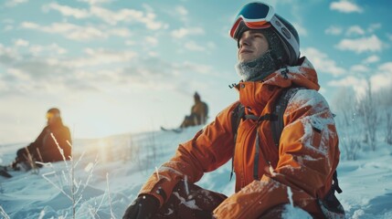 Naklejka premium A group of skiers relax in a snowy landscape, soaking in the warm glow of the winter sun. The scene captures the beauty of nature and the thrill of winter sports.