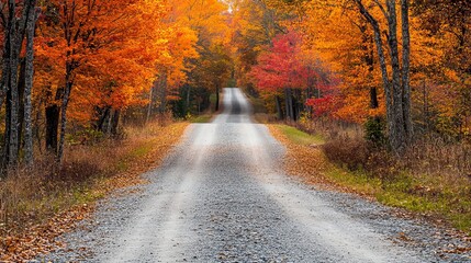 Fototapeta premium A gravel road weaving through a maple grove during the fall season