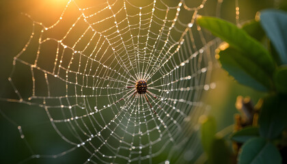 A delicate spider web covered in dewdrops glistens in the morning sunlight, creating a mesmerizing pattern of light and nature’s intricate craftsmanship.