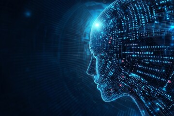 A digital representation of a human head surrounded by glowing data patterns that symbolize artificial intelligence and technological advancement in a futuristic setting.