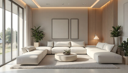 Fototapeta premium A stylish modern living room featuring a neutral-toned sectional sofa, minimalist decor, large windows, indoor plants, and soft ambient lighting for a warm and inviting space.