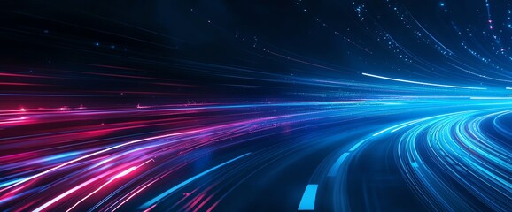 An abstract representation of vibrant light trails in blue and red, symbolizing speed and motion. This digital artwork evokes a sense of futuristic technology and innovation.