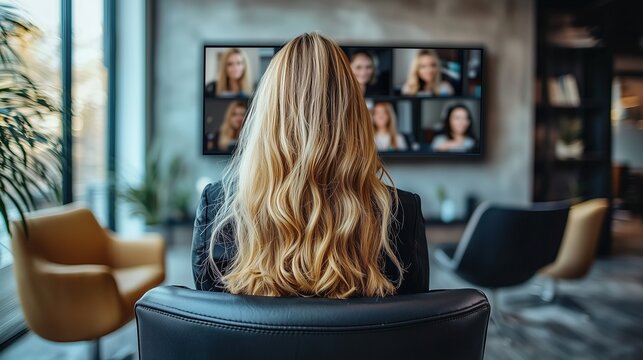 A woman with long blonde hair sitting in front of a screen displaying multiple faces during a video call.