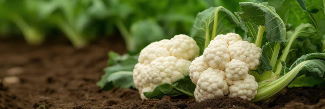 Two heads of fresh cauliflower in a rich, earthy backdrop, symbolizing health, nutrition, and the reward of hard work in cultivating organic produce in a local garden.