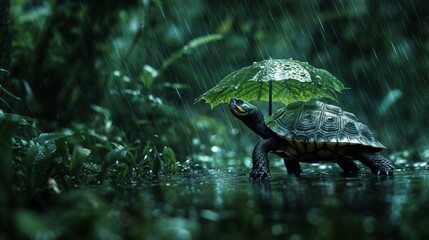  Turtle walking through a lush forest, holding a small green leaf as an umbrella, with heavy rain and water droplets visible on the leaf and around the turtle.