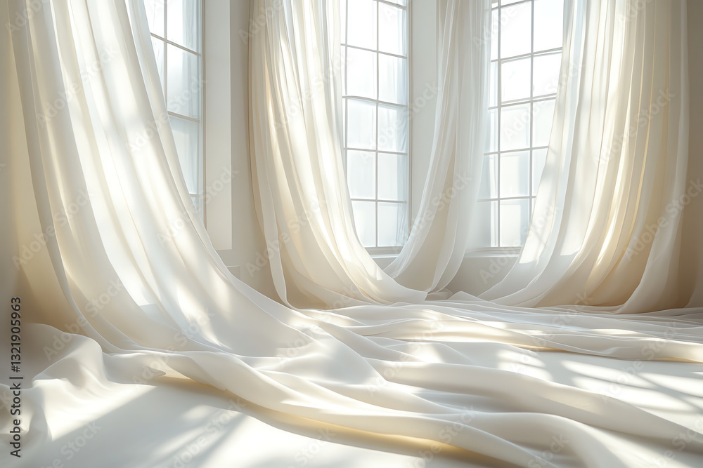 Poster bright and airy room adorned with flowing white curtains, allowing soft sunlight to illuminate the s