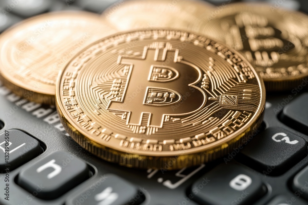 Poster Close-up of shiny Bitcoin coins resting on a keyboard, symbolizing digital currency and modern finance in a tech-savvy economy. Innovation in money.