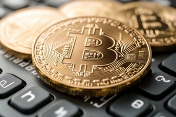 Close-up of shiny Bitcoin coins resting on a keyboard, symbolizing digital currency and modern finance in a tech-savvy economy. Innovation in money.