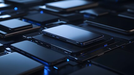 Sleek Black Smartphone on Dark Gray Geometric Surface with Blue Accents