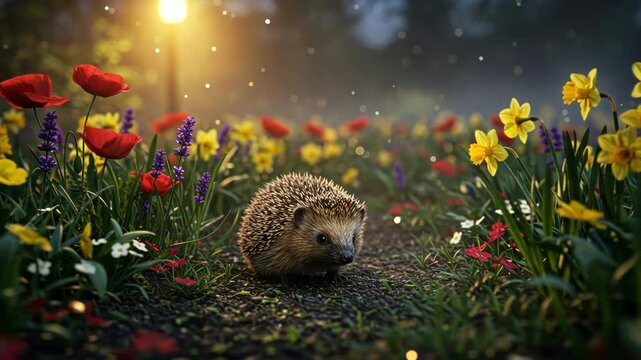 A hedgehog walks through a colorful flower garden at dusk.