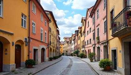 Fototapeta premium A charming cobblestone street winds through a European town, lined with pastel-colored buildings adorned with balconies, shutters, and potted plants.