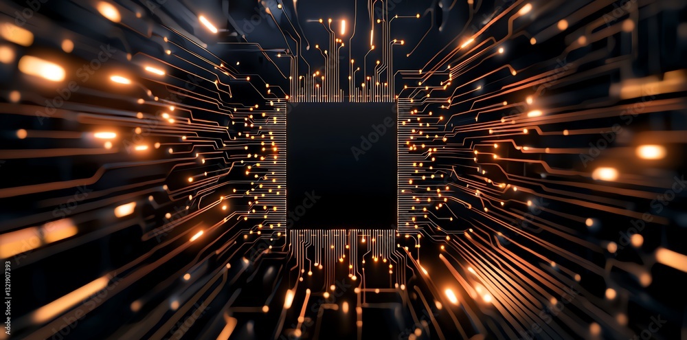 Aufkleber an abstract view into an electronic circuit with glowing lights indicating data flow. the vibrant li