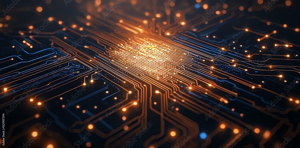 Poster a close-up view of a circuit board with luminous lines and intricately designed pathways, showcasing