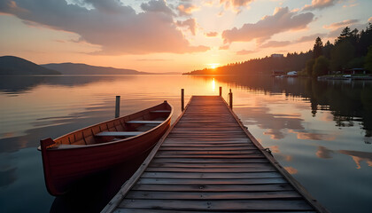 Naklejka premium A rustic wooden dock extends into a calm lake at sunset, with a red canoe resting beside it, reflecting the warm hues of the sky over the still water.