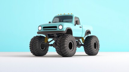 Light blue cartoon monster truck with large tires against a light blue background.