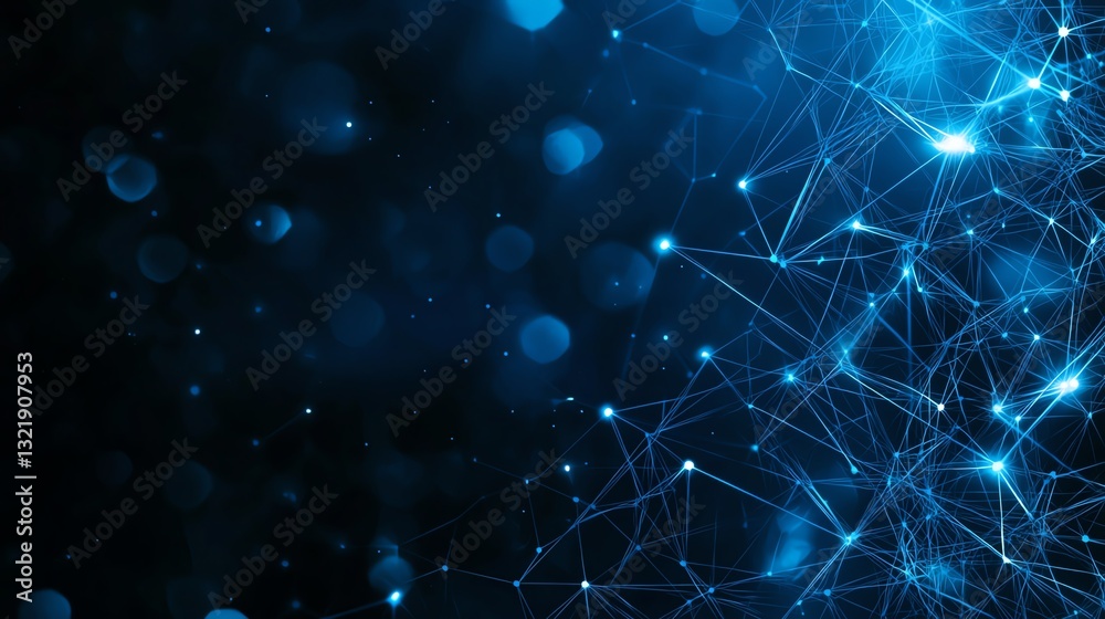 Poster abstract blue technology background with interconnected lines and spheres, representing data network