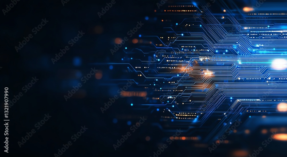 Poster a dynamic abstract background showcasing intricate blue circuitry with glowing elements. this image 