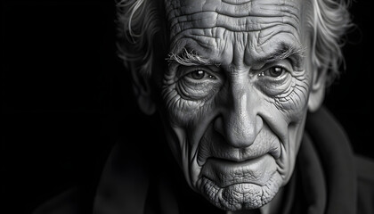 A striking black and white close-up portrait of an elderly man with deep wrinkles and piercing eyes, showcasing wisdom and life experience.