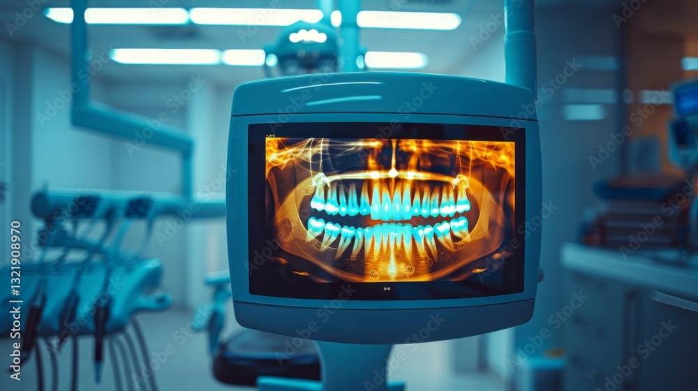 Poster a dentist's workstation, is shown with a clear display of an x ray image showcasing the intricate de