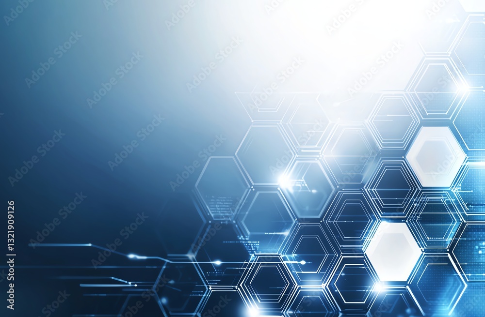 Poster abstract digital background featuring hexagonal patterns and glowing elements, suitable for technolo