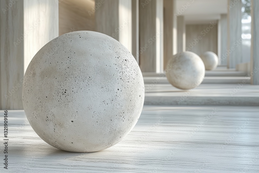 Poster Modern interior featuring large concrete spheres, creating a unique and minimalist aesthetic. Ideal for showcasing contemporary design and architecture.