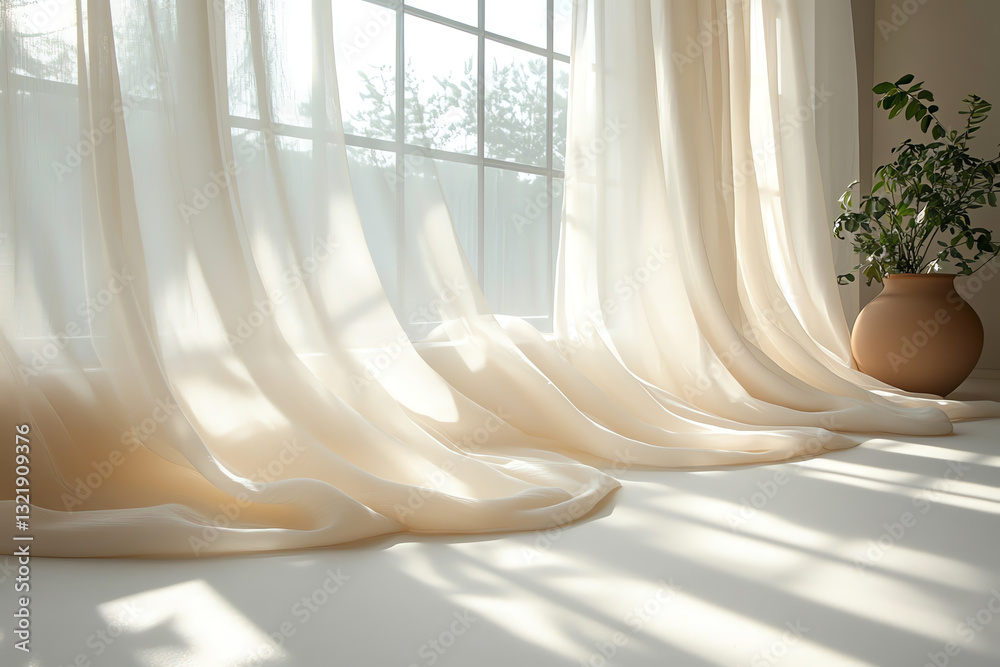 Poster soft, flowing curtains drape gracefully by a large window, allowing gentle sunlight to filter in, cr