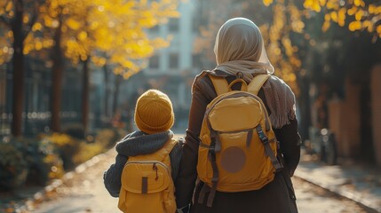 Autumn day: A mother with hijab and child walking to school together