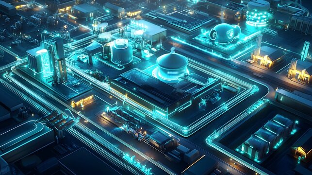 Futuristic Industrial Complex Night Aerial View Glowing Blue Network