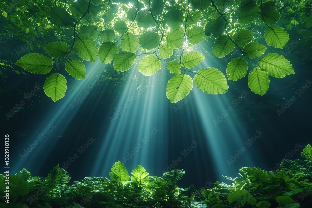 Poster sunlight filters through lush leaves, creating a serene and tranquil atmosphere in a vibrant green f