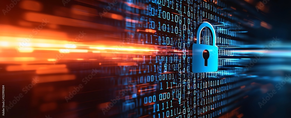 Poster a visual representation of digital security, featuring a lock symbol with binary code, illustrating 