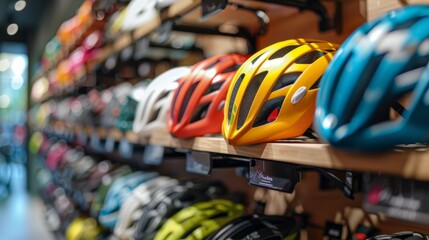 A vibrant display of bicycle helmets arranged on shelves in a shop, highlighting a range of colors and designs suitable for cyclists seeking safety and style.
