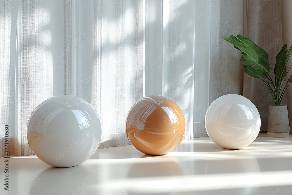 Poster three elegant decorative spheres in soft tones placed on a table, basking in natural light, creating