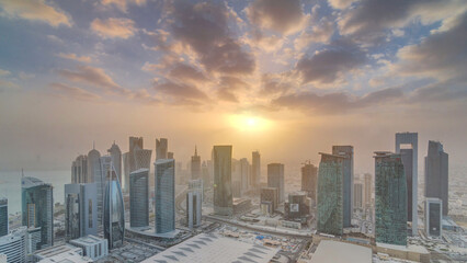 Skyscrapers at sunset timelapse in the skyline of commercial center of Doha, the capital Qatar