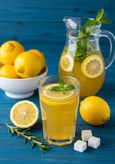 Fototapeta premium Lemonade in a glass on a blue wood background.