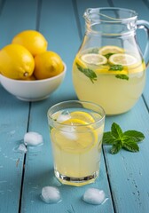 Fototapeta premium Lemonade in a glass on a blue wood background.