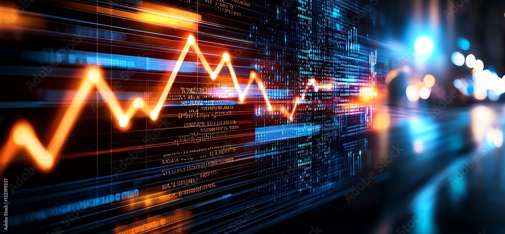 Poster an abstract representation of data visualization with vibrant color lines indicating trends and stat