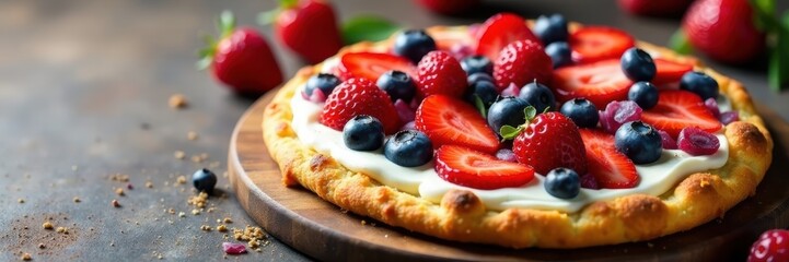 Vibrant fruit pizza, berries, cream cheese frosting, berries, summer dessert