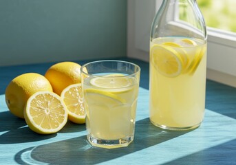 Fototapeta premium Lemonade in a glass on a blue wood background.