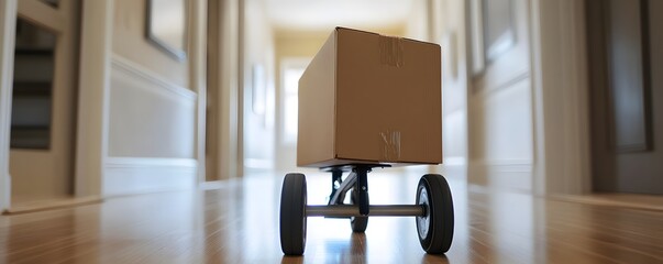 Brown cardboard box rests on a small wheeled dolly