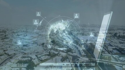 Digital network connections animation over aerial view of snowy urban landscape - Powered by Adobe