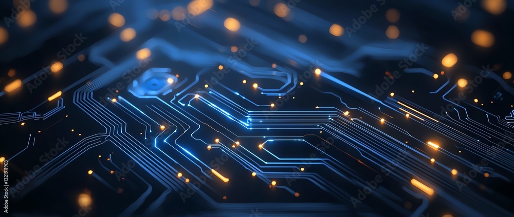 Poster this image showcases a close-up of a modern circuit board filled with intricate patterns and glowing