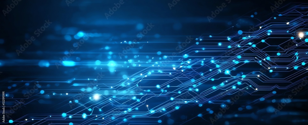 Poster a futuristic digital background featuring glowing blue lines and circuits, representing advanced tec