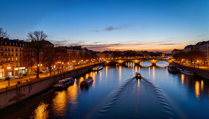 Fototapeta premium Twilight view of Seine River with boats and warm street lights, serenity